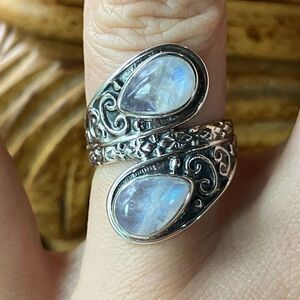 Natural Rainbow Moonstone Sterling Silver Bypass Ring Size 6
